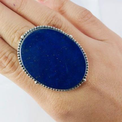 Natural Lapis Lazuli Oval Shape Gemstone 925 Sterling Silver Statement Ring Gift Of Her