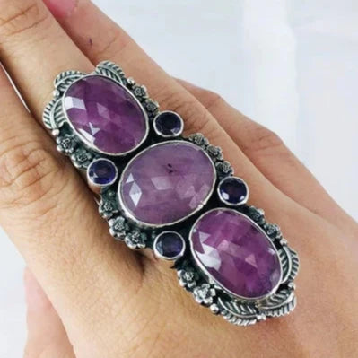 Faceted Ruby And Amethyst Gemstone Solid Sterling Silver Women's Statement Ring