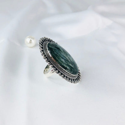 Green Seraphinite Gemstone 925 Sterling Silver Statement Ring