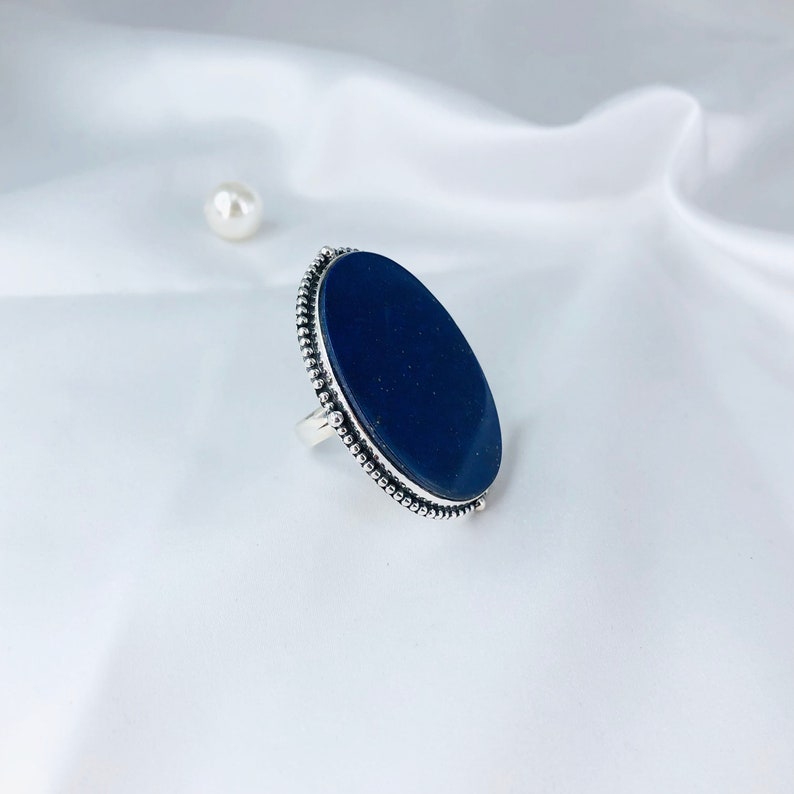 Natural Lapis Lazuli Oval Shape Gemstone 925 Sterling Silver Statement Ring Gift Of Her