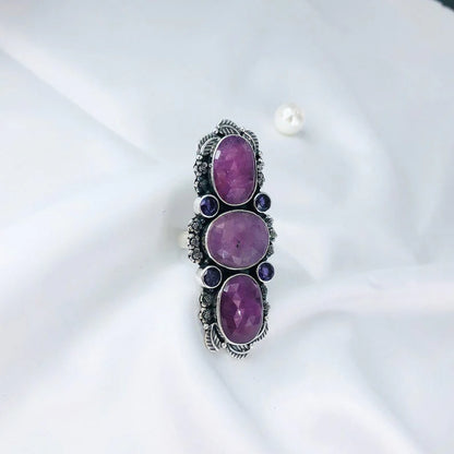 Faceted Ruby And Amethyst Gemstone Solid Sterling Silver Women's Statement Ring