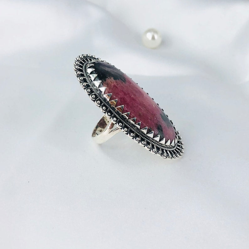 Natural Rhodonite Gemstone 925 Sterling Silver Ring Gift For Her