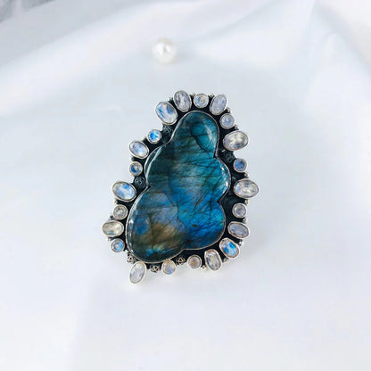 Blue Fire Labradorite And Rainbow Moonstone 925 Solid Sterling Silver Statement Ring For Women