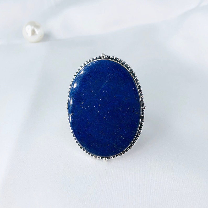 Natural Lapis Lazuli Oval Shape Gemstone 925 Sterling Silver Statement Ring Gift Of Her