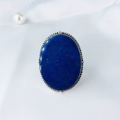 Natural Lapis Lazuli Oval Shape Gemstone 925 Sterling Silver Statement Ring Gift Of Her