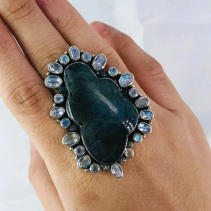 Blue Fire Labradorite And Rainbow Moonstone 925 Solid Sterling Silver Statement Ring For Women