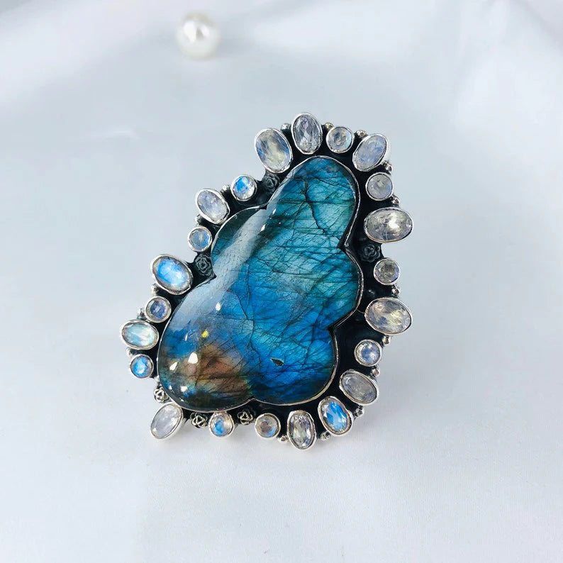 Blue Fire Labradorite And Rainbow Moonstone 925 Solid Sterling Silver Statement Ring For Women