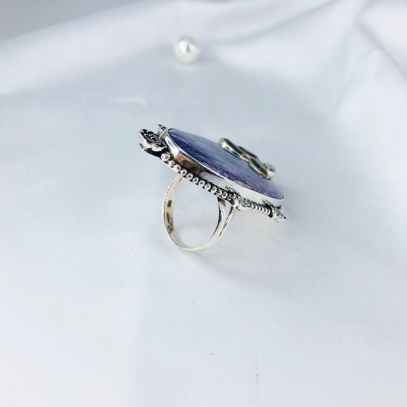 Natural Charoite and Citrine Gemstone 925 Sterling Silver Ring Women Statement Ring Gift For Her