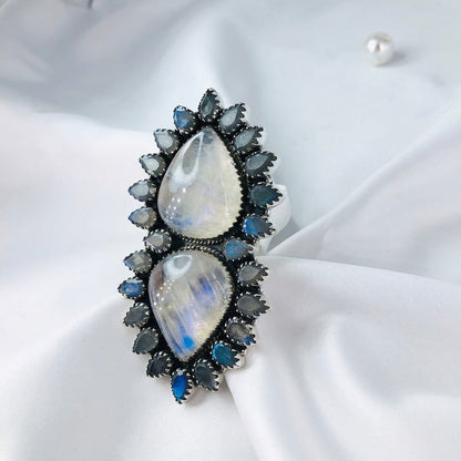 Rainbow Moonstone and Labradorite Blue Fire Gemstone 925 Silver Boho Statement Ring