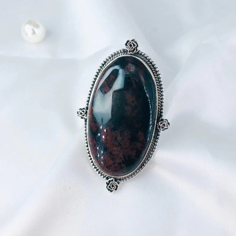 925 Sterling Silver Unique Bloodstone Gemstone Statement Ring For Women