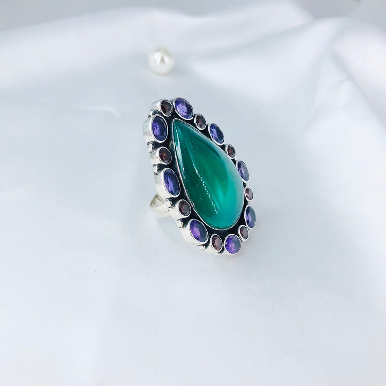 925 Sterling Silver Green Onyx Multi Gemstone Statement Ring Jewelry Gift