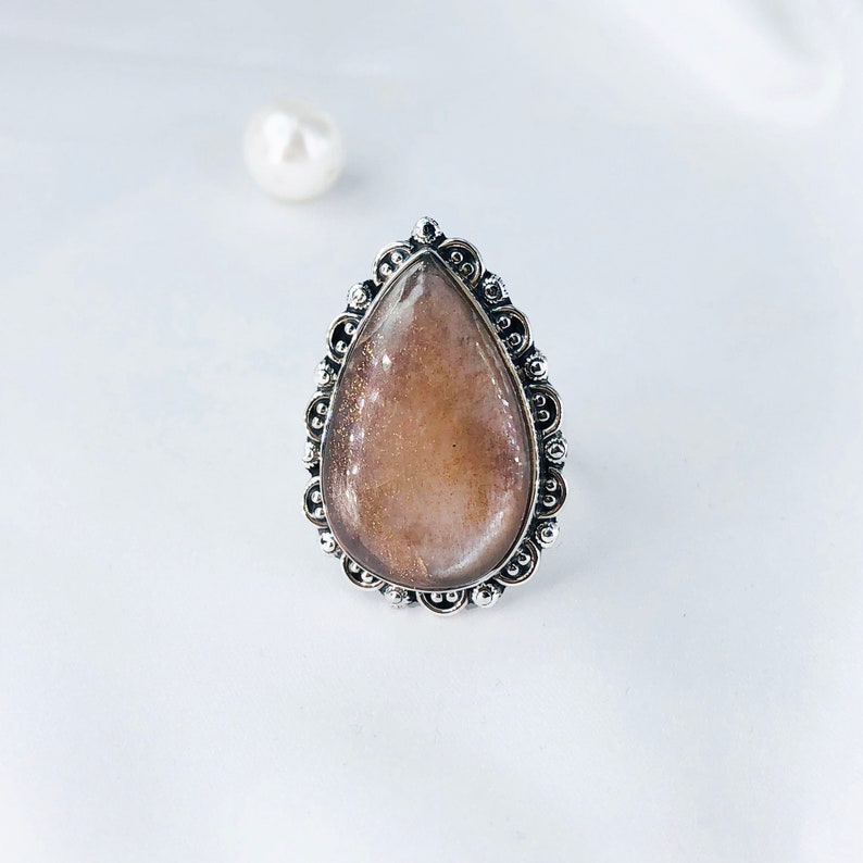 Natural Sunstone Gemstone 925 Sterling Silver Statement Ring Jewelry