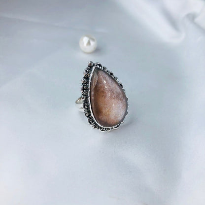 Natural Sunstone Gemstone 925 Sterling Silver Statement Ring Jewelry