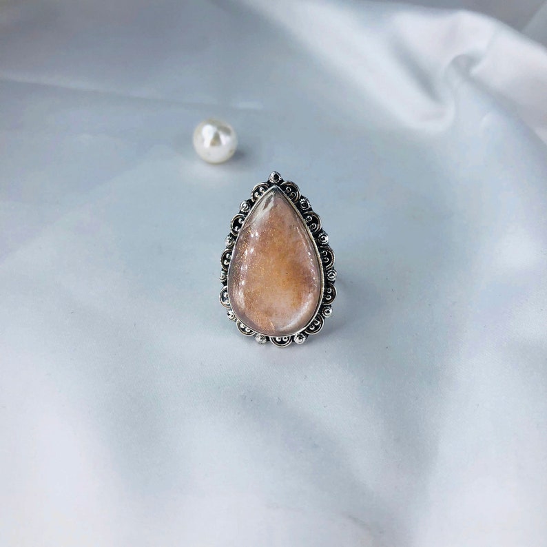 Natural Sunstone Gemstone 925 Sterling Silver Statement Ring Jewelry