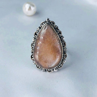 Natural Sunstone Gemstone 925 Sterling Silver Statement Ring Jewelry