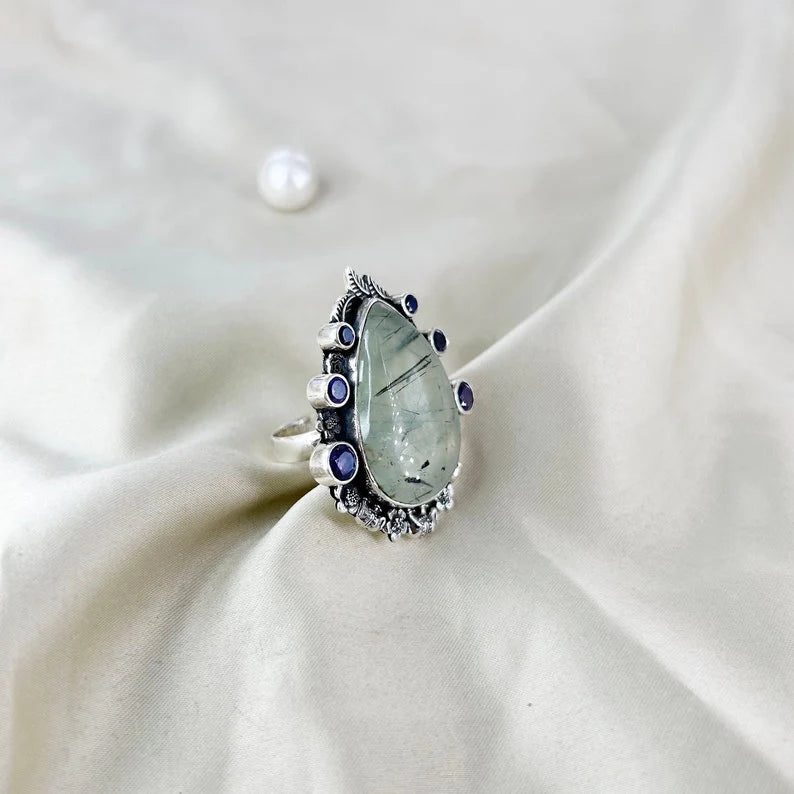 Natural Prehnite & Amethyst Ring Gemstone Statement Ring