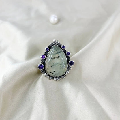 Natural Prehnite & Amethyst Ring Gemstone Statement Ring