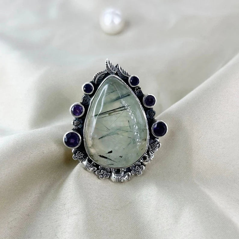 Natural Prehnite & Amethyst Ring Gemstone Statement Ring