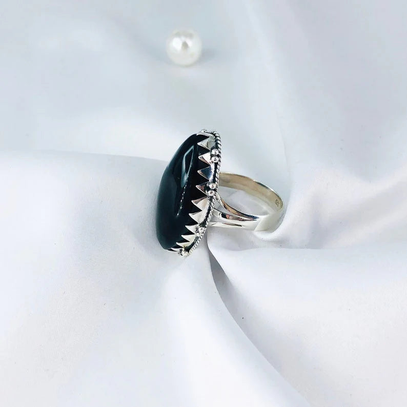 925 Sterling Silver Natural Black Onyx Gemstone Ring