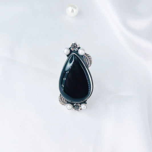 Natural Black Onyx Ring White Pearl Ring 925 Solid Sterling Silver Ring Gift For Her