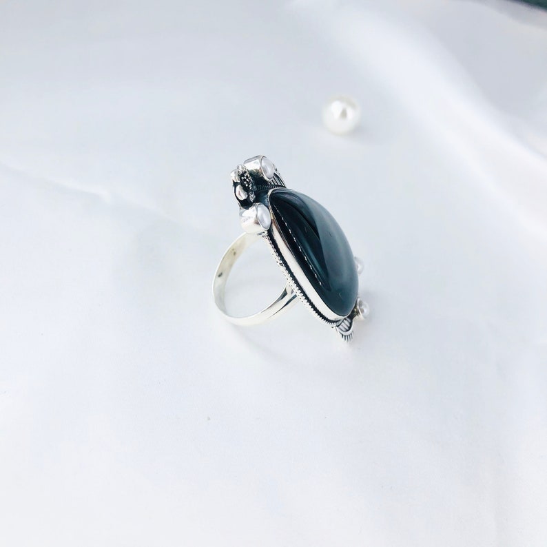 Natural Black Onyx Ring White Pearl Ring 925 Solid Sterling Silver Ring Gift For Her