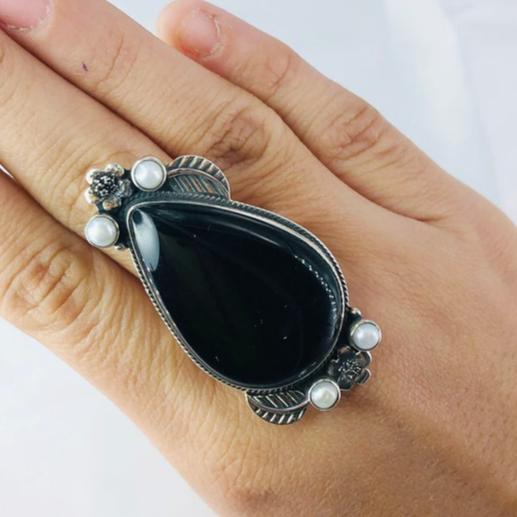 Natural Black Onyx Ring White Pearl Ring 925 Solid Sterling Silver Ring Gift For Her