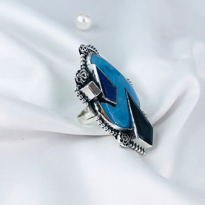 Sterling Silver Natural Larimar, Black Onyx and Lapis Lazuli Unique Design Statement Ring