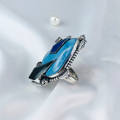 Sterling Silver Natural Larimar, Black Onyx and Lapis Lazuli Unique Design Statement Ring