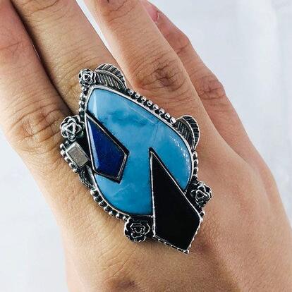 Sterling Silver Natural Larimar, Black Onyx and Lapis Lazuli Unique Design Statement Ring