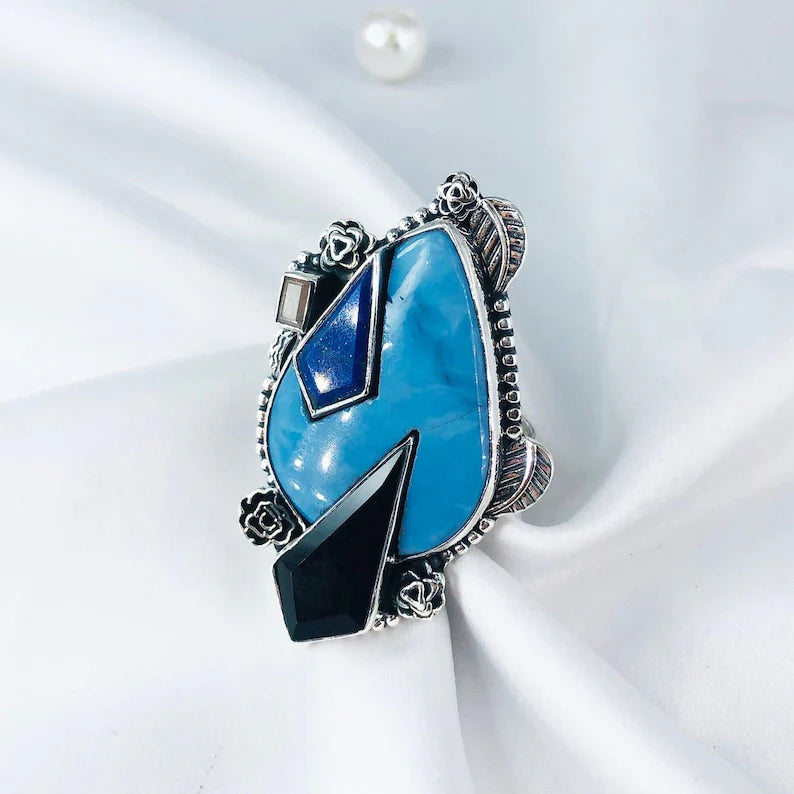 Sterling Silver Natural Larimar, Black Onyx and Lapis Lazuli Unique Design Statement Ring