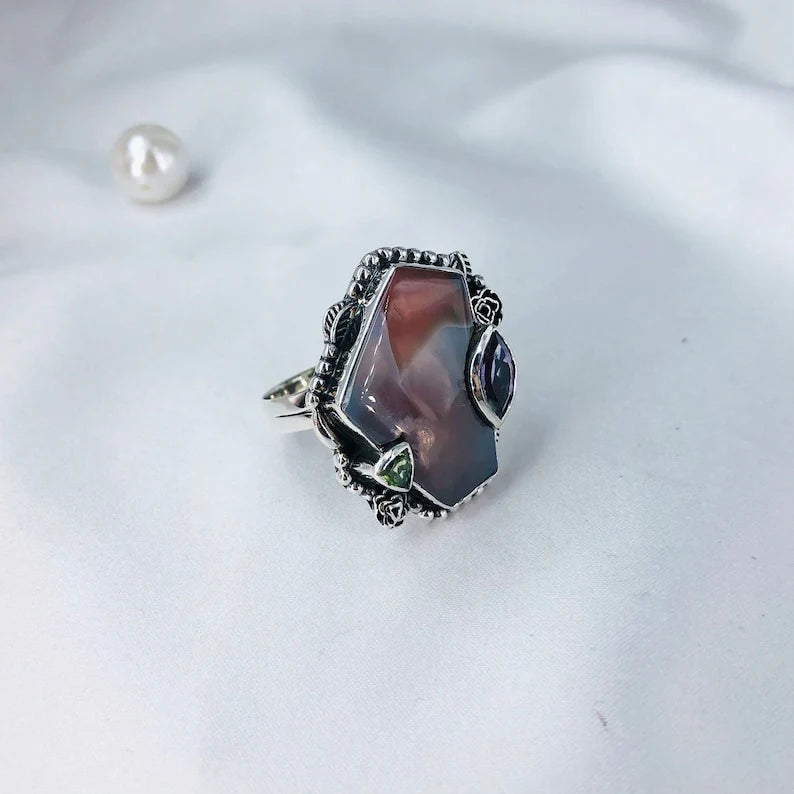 Botswana Agate Amethyst & Peridot Gemstone 925 Sterling Silver Multi Stone Ring