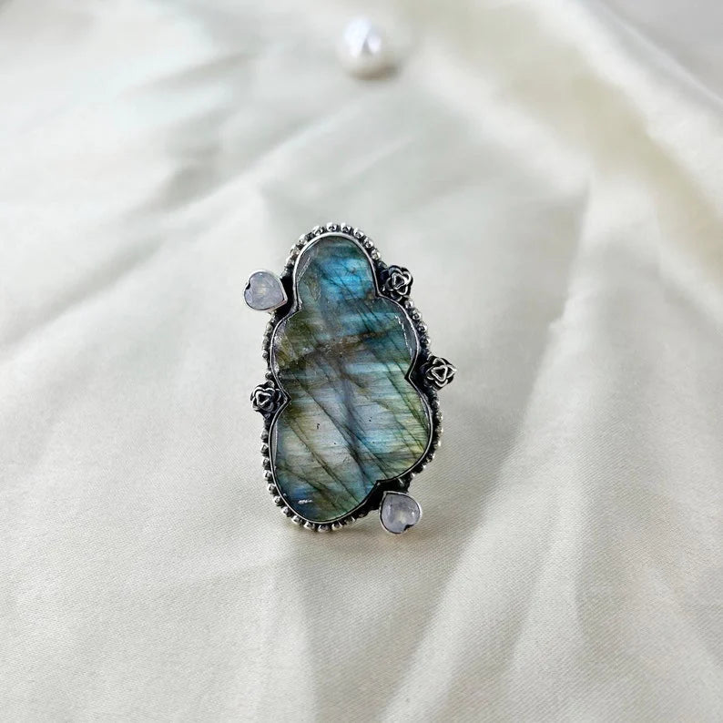 925 Sterling Silver Labradorite and Moonstone Gemstone Designer Statement Ring