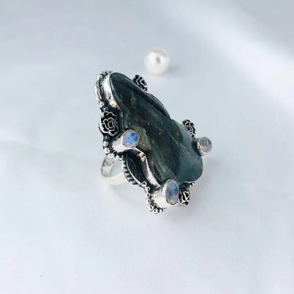 Natural Labradorite & Rainbow Moonstone 925 Sterling Silver Statement Ring Gift For Her