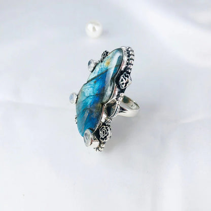 Natural Labradorite & Rainbow Moonstone 925 Sterling Silver Statement Ring Gift For Her