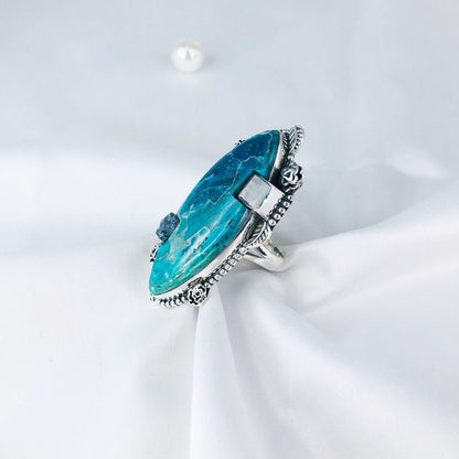 925 Sterling Silver Natural Chrysocolla Apatite & Rainbow Moonstone Statement Ring For Women