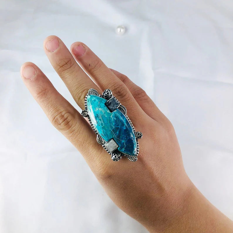 925 Sterling Silver Natural Chrysocolla Apatite & Rainbow Moonstone Statement Ring For Women