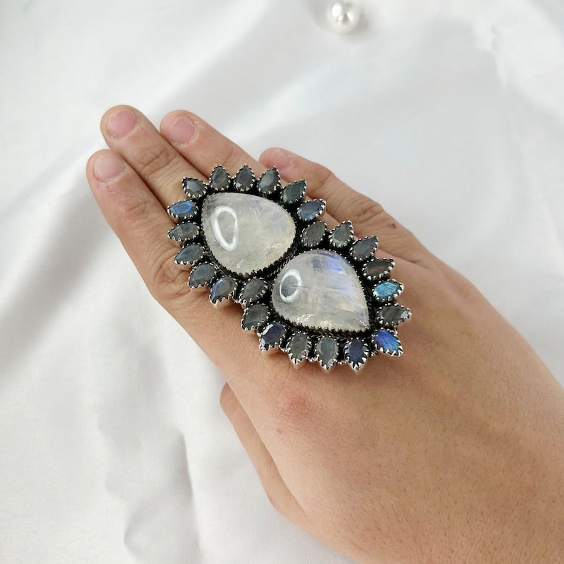 Rainbow Moonstone and Labradorite Blue Fire Gemstone 925 Silver Boho Statement Ring