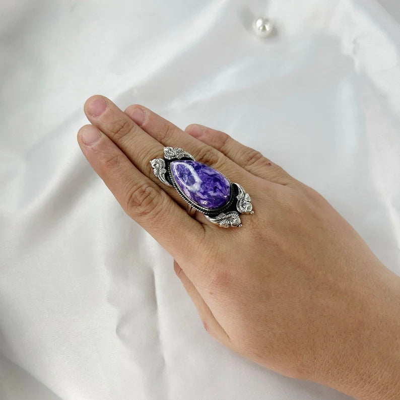 Solid 925 Sterling Silver Unique Charoite Gemstone Women's Ring