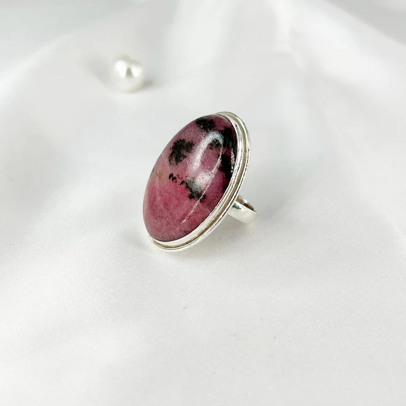 925 Sterling Silver Natural Rhodonite Gemstone Statement Ring For Her