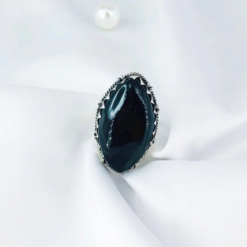 925 Sterling Silver Natural Black Onyx Gemstone Ring