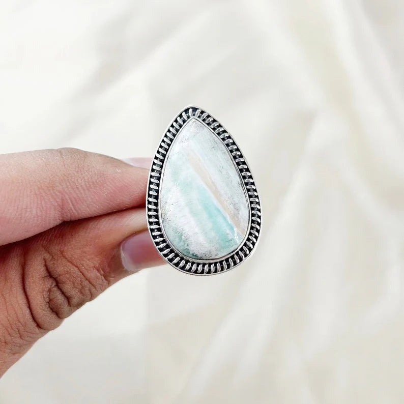 Natural Pear Amazonite Gemstone 925 Sterling Silver Statement Ring