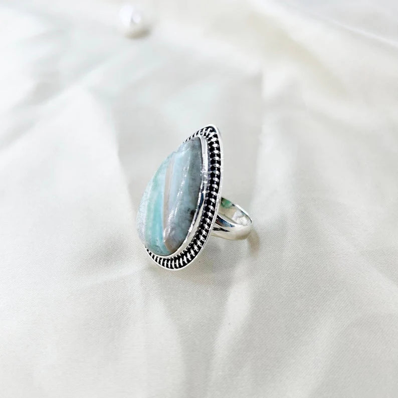 Natural Pear Amazonite Gemstone 925 Sterling Silver Statement Ring