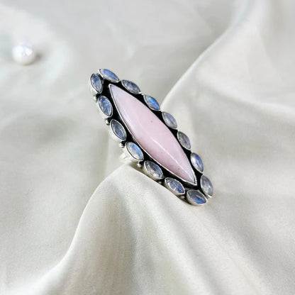 Natural Pink Opal and Moonstone Statement 925 Sterling Silver Ring Gift For Her