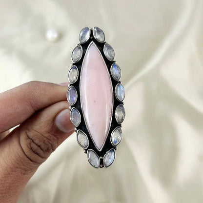 Natural Pink Opal and Moonstone Statement 925 Sterling Silver Ring Gift For Her