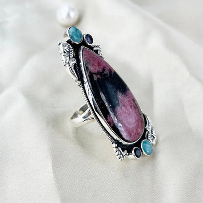 Natural Rhodonite, Amethyst and Amazonite Gemstone Boho Ring