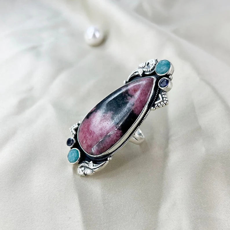 Natural Rhodonite, Amethyst and Amazonite Gemstone Boho Ring