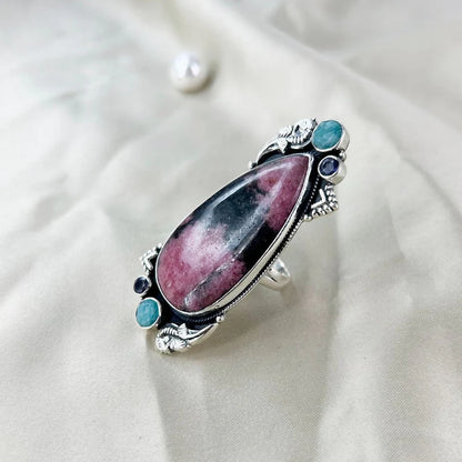 Natural Rhodonite, Amethyst and Amazonite Gemstone Boho Ring