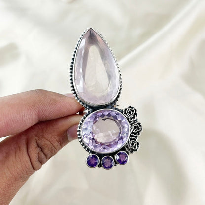 Natural Rose Quartz and Amethyst Sterling Silver&nbsp;Big Gemstone Statement Ring