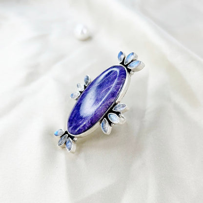 Charoite Gemstone Ring Rainbow Moonstone Gemstone 925 Sterling Silver Women's Statement Ring