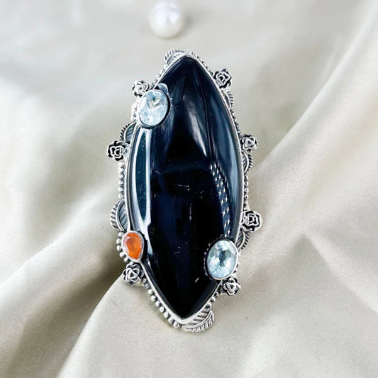 Natural Black Onyx, Carnelian and Blue Topaz Ring 925 Sterling Silver Statement Ring Gift For Her